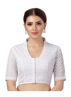 Studio Shringaar Studio Shringaar Women's Cotton Elbow Length Sleeves Chikankari Glass Neck with Saree Blouse(White, 36)  - Image 1