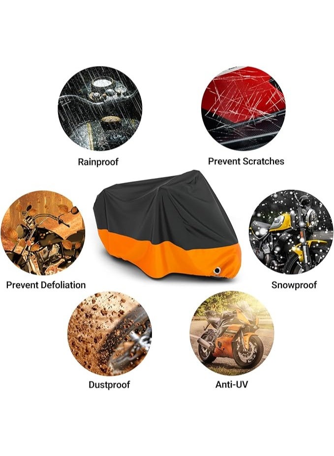 Waterproof outdoor Motorcycle cover, made of Oxford fabric resistant to dust and UV rays, with a lock hole and windproof buckle, size 2.65 × 1.05 × 1.25 m, black and orange - Image 2