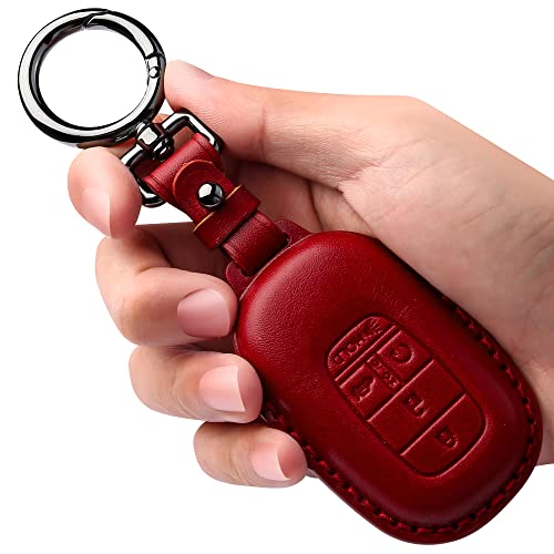 Tukellen for Honda Key Fob Cover Leather,with Keychain Compatible with 2022 2023 2024 Accord Civic HR-V CR-V Pilot,5 Buttons Smart Remote Key-Red - Image 1