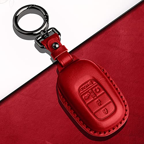 Tukellen for Honda Key Fob Cover Leather,with Keychain Compatible with 2022 2023 2024 Accord Civic HR-V CR-V Pilot,5 Buttons Smart Remote Key-Red - Image 4