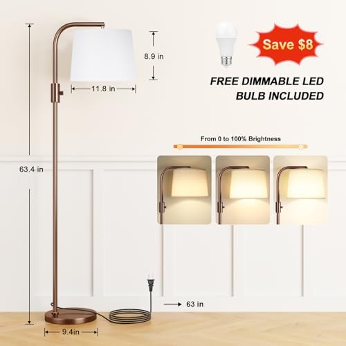 Ambimall Fully Dimmable Floor Lamp with 9W LED Bulb - Standing Lamp for Living Room with Adjustable Head, Modern Tall Light with Rotary Switch for Office, Brown and White - Image 2