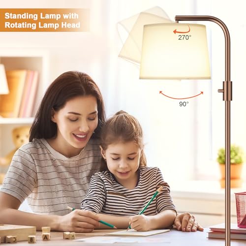 Ambimall Fully Dimmable Floor Lamp with 9W LED Bulb - Standing Lamp for Living Room with Adjustable Head, Modern Tall Light with Rotary Switch for Office, Brown and White - Image 4