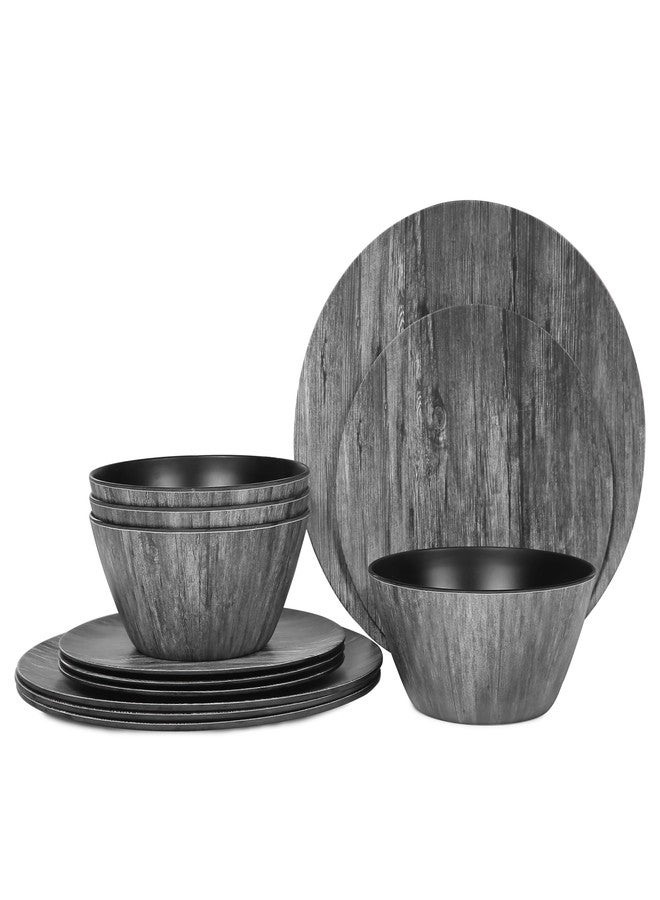 Webbylee Wood Grain Melamine Dinnerware Set - Rustic 12 Piece Plates and Bowls, Heavy Duty Dishes for Indoor Outdoor Use, Break-Resistant, Dishwasher Safe - Image 1