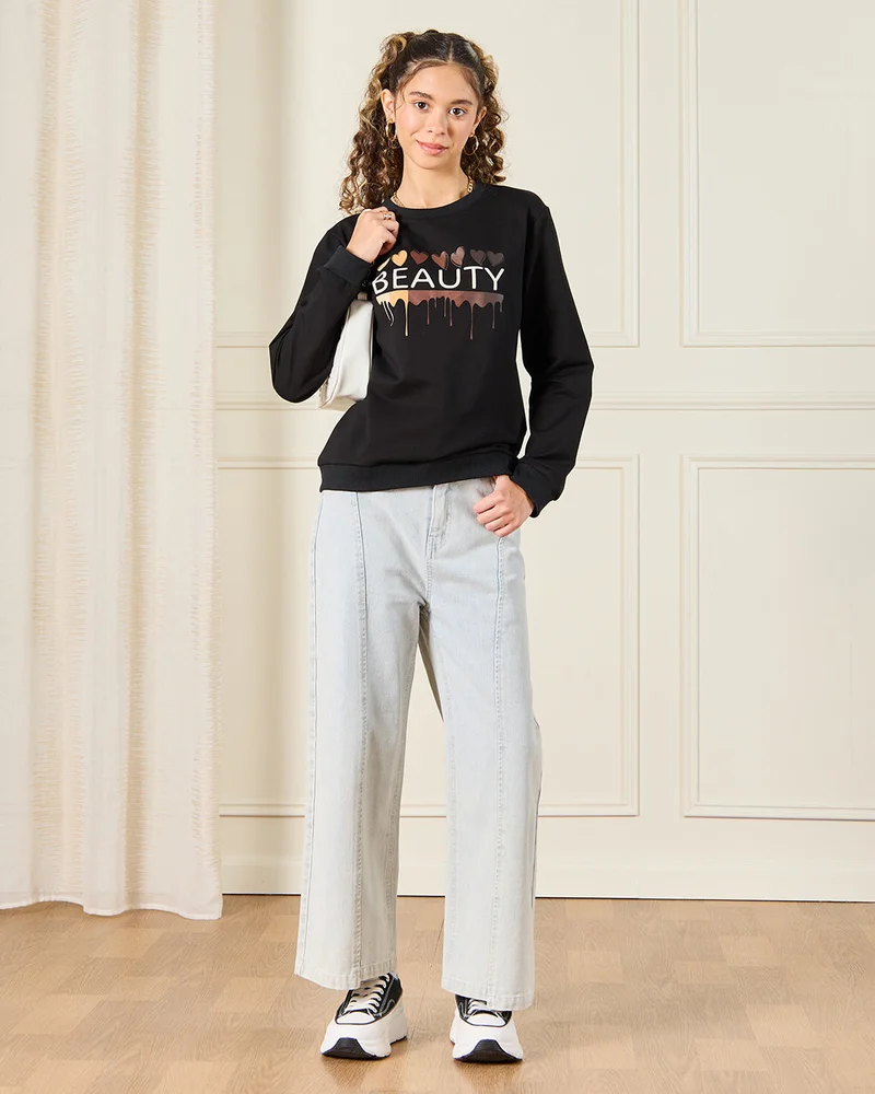 Redtag Senior Girls Black Beauty Print Sweatshirt