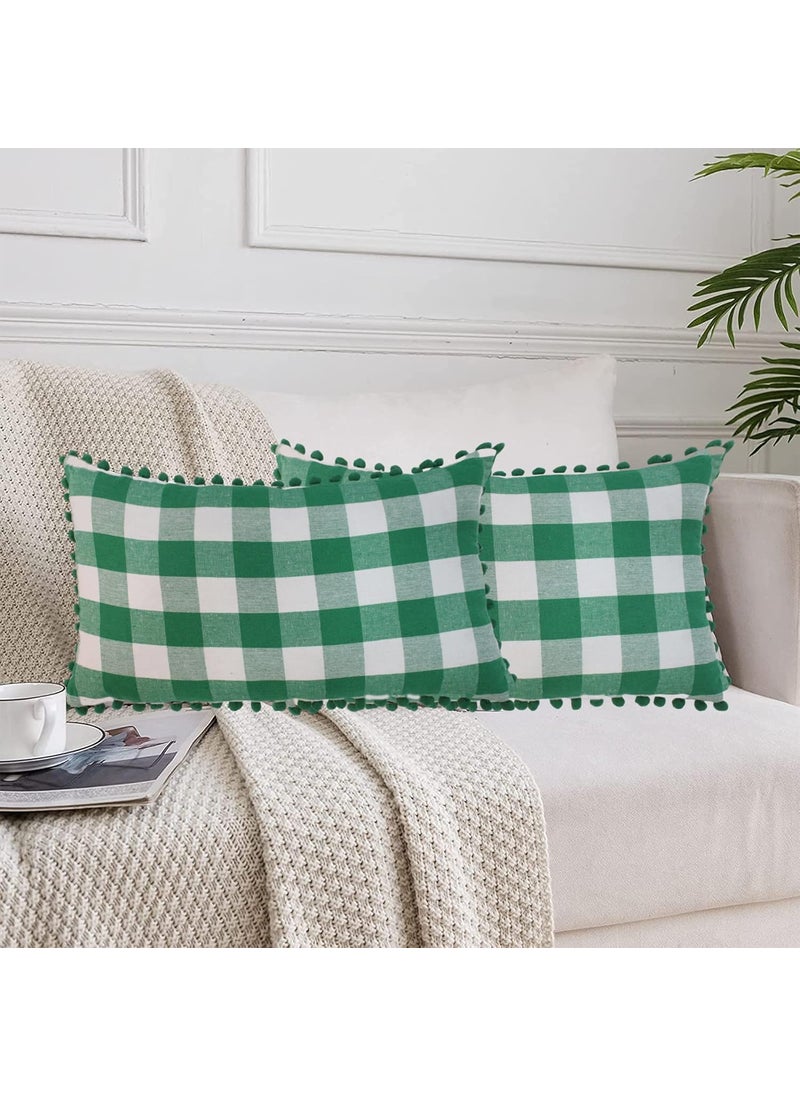 Lushomes Lushomes Rectangle Cushion Cover with Pom Pom, Cotton Sofa Pillow Cover Set of 2, 12x20 Inch, Big Checks, Green and White Checks, Pillow Cushions Covers (Pack of 2, 30x50 Cms)  - Image 2
