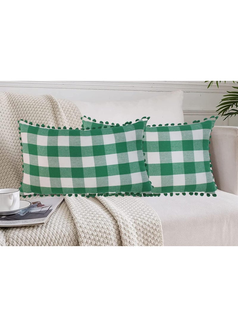 Lushomes Lushomes Rectangle Cushion Cover with Pom Pom, Cotton Sofa Pillow Cover Set of 2, 12x20 Inch, Big Checks, Green and White Checks, Pillow Cushions Covers (Pack of 2, 30x50 Cms)  - Image 1