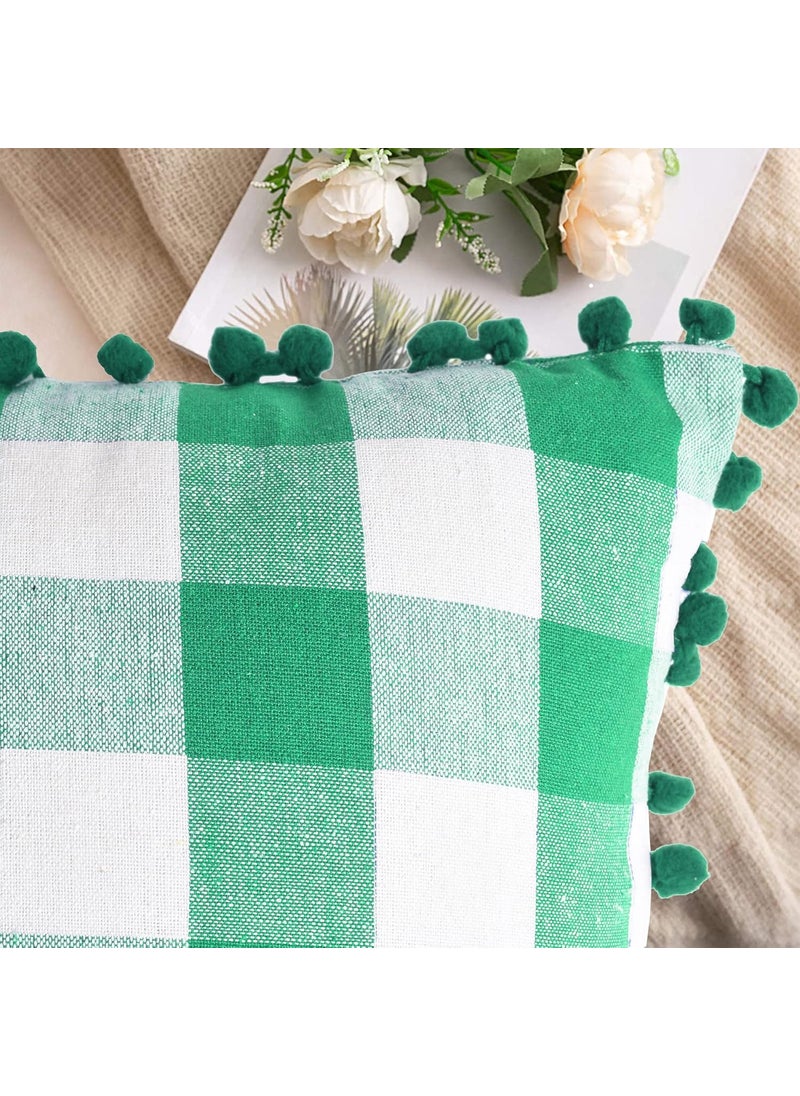 Lushomes Lushomes Rectangle Cushion Cover with Pom Pom, Cotton Sofa Pillow Cover Set of 2, 12x20 Inch, Big Checks, Green and White Checks, Pillow Cushions Covers (Pack of 2, 30x50 Cms)  - Image 3