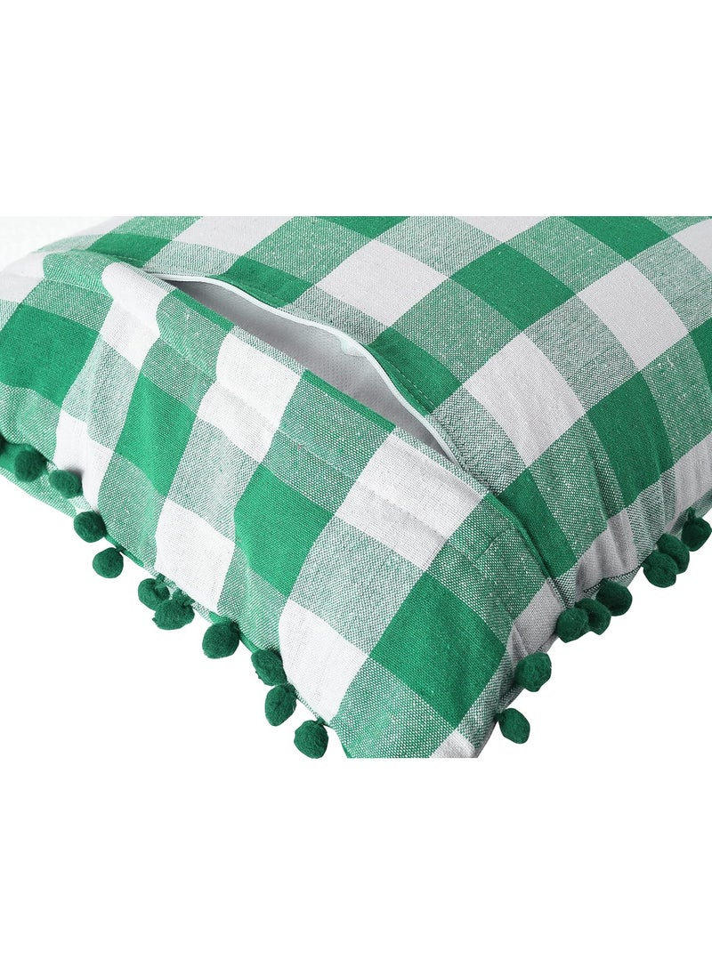 Lushomes Lushomes Rectangle Cushion Cover with Pom Pom, Cotton Sofa Pillow Cover Set of 2, 12x20 Inch, Big Checks, Green and White Checks, Pillow Cushions Covers (Pack of 2, 30x50 Cms)  - Image 4