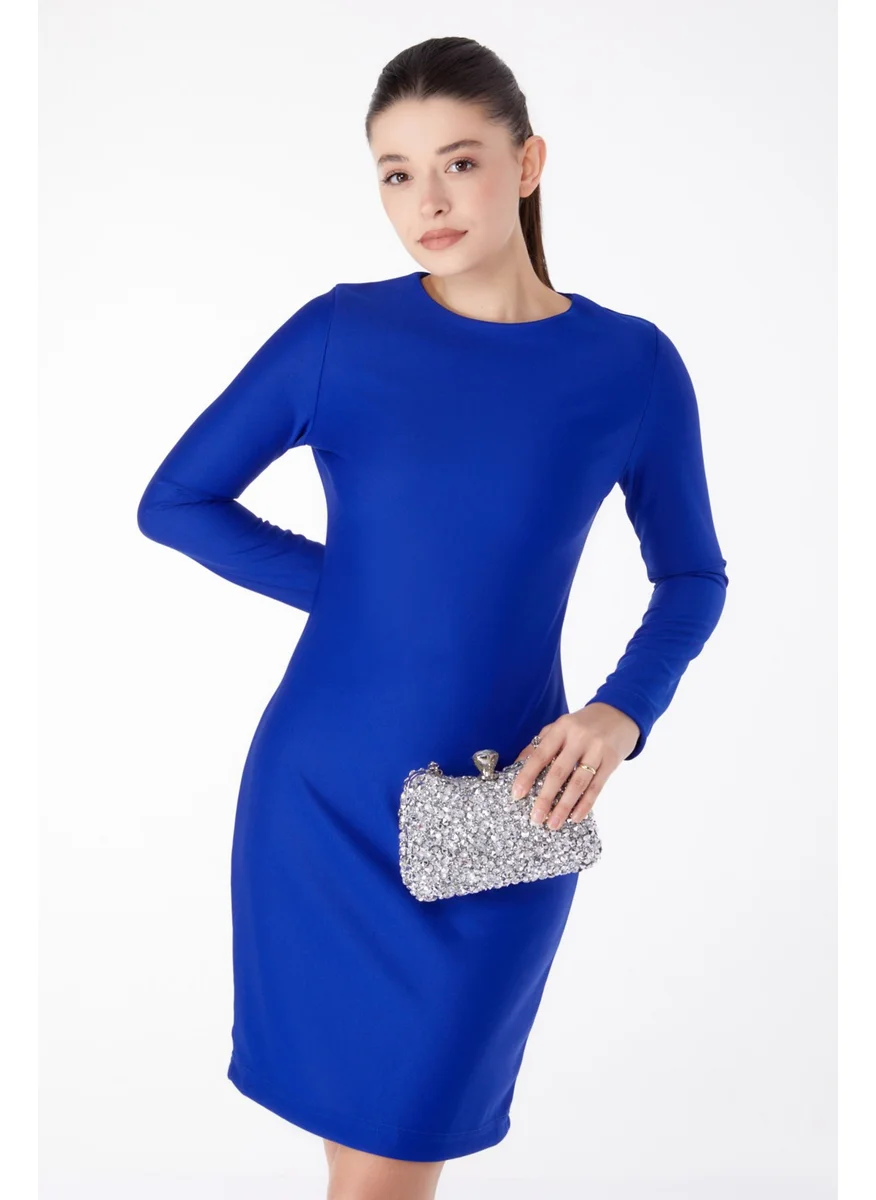 Tofisa Plain Crew Neck Women's Blue Evening Dress - 13188