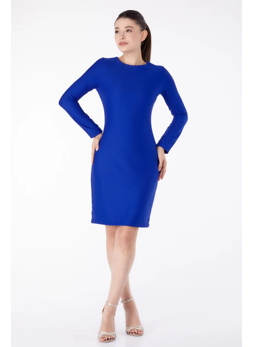 Tofisa Plain Crew Neck Women's Blue Evening Dress - 13188