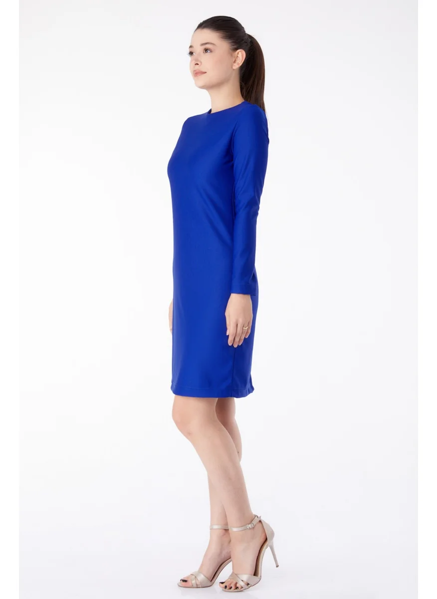 Tofisa Plain Crew Neck Women's Blue Evening Dress - 13188