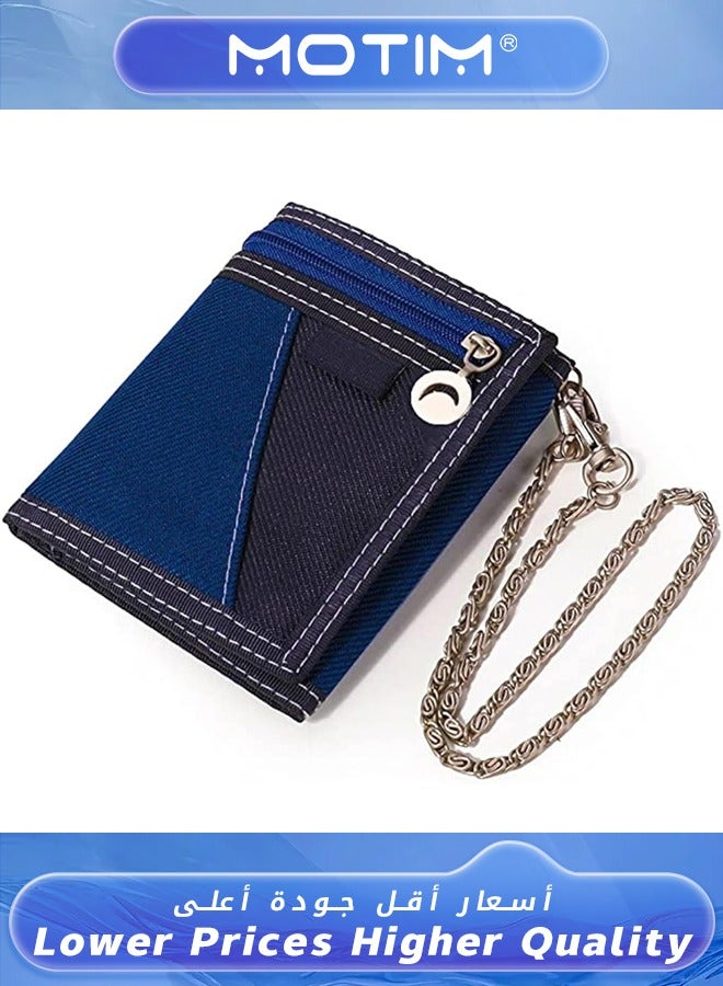 Motim Men's Short Wallet Fabric Wallet Vertical Slim Trifold Blue Purses with Chain Zipper for Men  - Image 1