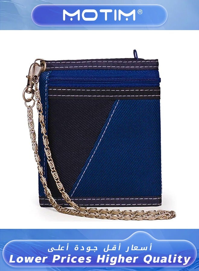 Motim Men's Short Wallet Fabric Wallet Vertical Slim Trifold Blue Purses with Chain Zipper for Men  - Image 2