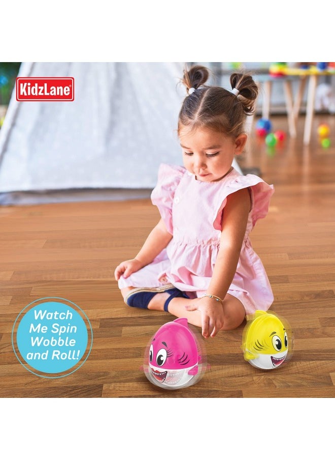 Kidzlane - Shark Bath Toy For Babies And Toddlers | 2-Pack Pink And Yellow Bath Toy With Sound Effect | Weeble Wobble Toy For Babies | Shark Toy For Toddlers 6 Months + - Image 1