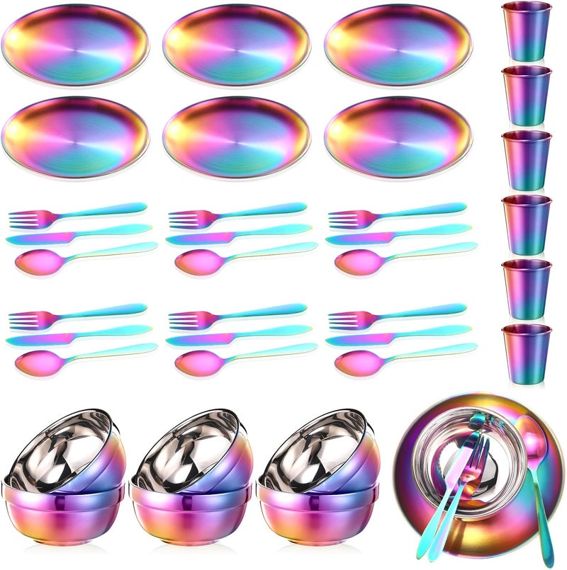 Honeydak Honeydak 36 Pcs Stainless Steel Utensils Camping Tableware Kit Include Set of 6 Plate Bowl Cups Spoons Forks Knives Flatware Set for Backpacking Camping Hiking and PicnicRainbow Color - Image 1
