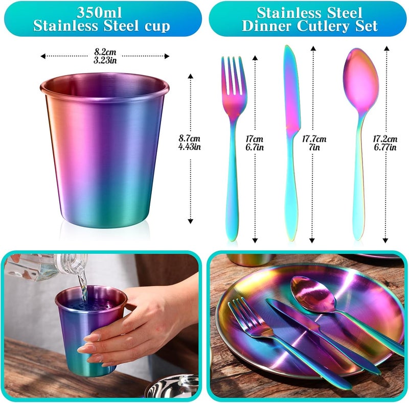Honeydak Honeydak 36 Pcs Stainless Steel Utensils Camping Tableware Kit Include Set of 6 Plate Bowl Cups Spoons Forks Knives Flatware Set for Backpacking Camping Hiking and PicnicRainbow Color - Image 3