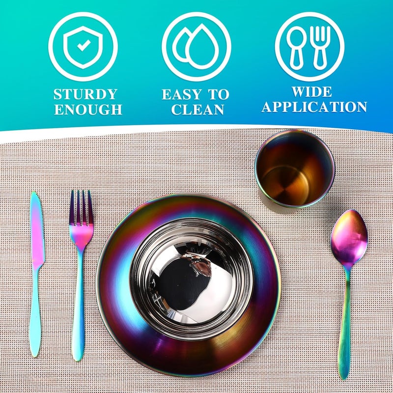 Honeydak Honeydak 36 Pcs Stainless Steel Utensils Camping Tableware Kit Include Set of 6 Plate Bowl Cups Spoons Forks Knives Flatware Set for Backpacking Camping Hiking and PicnicRainbow Color - Image 2