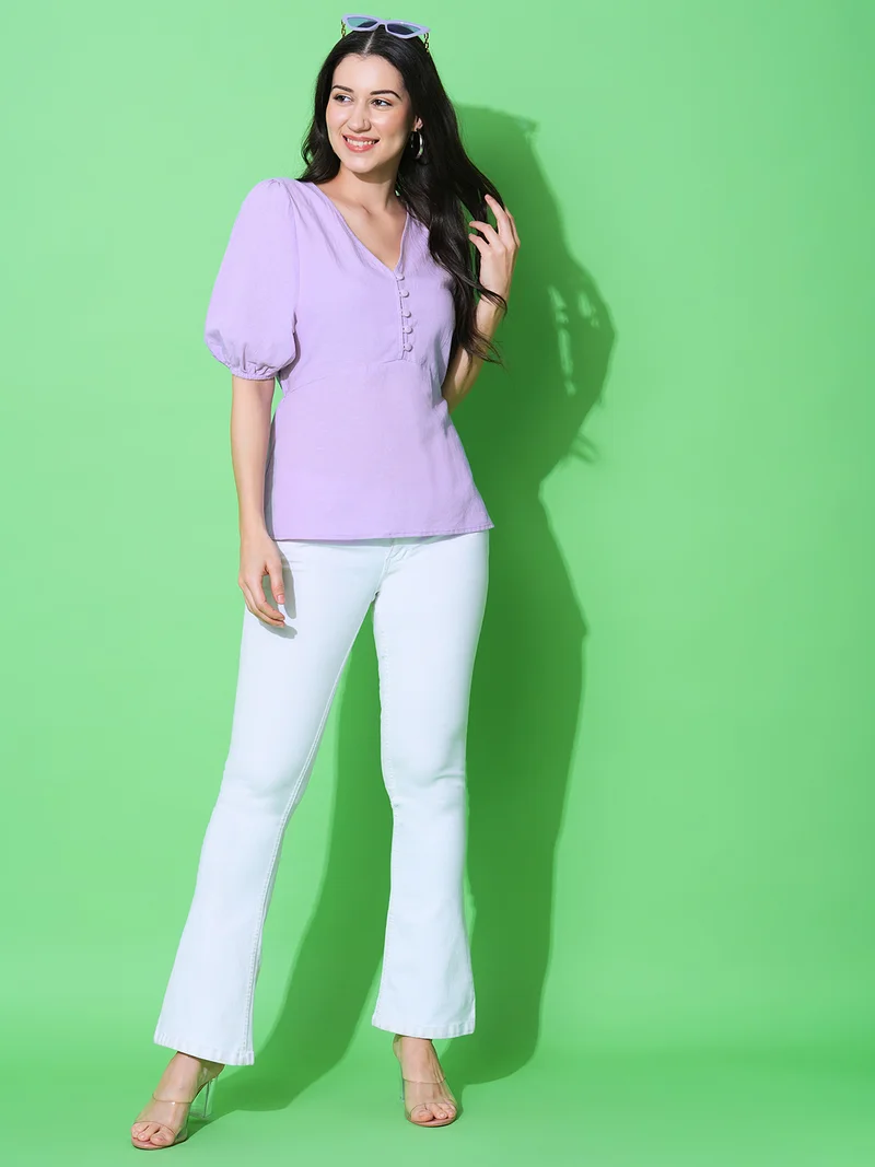 globus Women V-Neck Puff Sleeves Solid Workwear Peplum Top