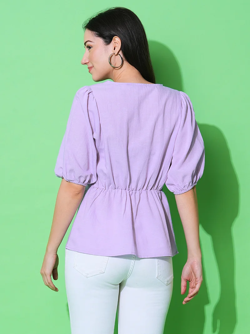globus Women V-Neck Puff Sleeves Solid Workwear Peplum Top