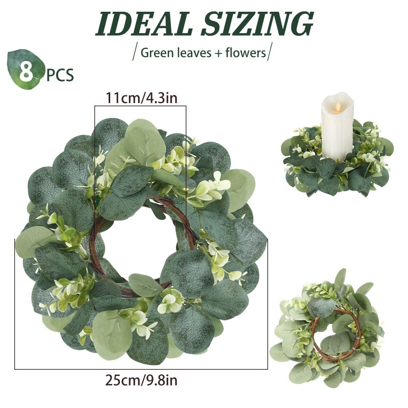 Panelee 20 Pcs Candle Rings Artificial Eucalyptus Candle Wreath Rings Greenery Leaves Boho Candles Garland Pillar for Wedding(Elegant Eucalyptus Leaf) - Image 2