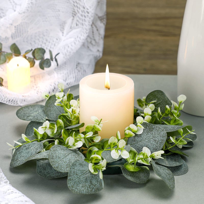 Panelee 20 Pcs Candle Rings Artificial Eucalyptus Candle Wreath Rings Greenery Leaves Boho Candles Garland Pillar for Wedding(Elegant Eucalyptus Leaf) - Image 5