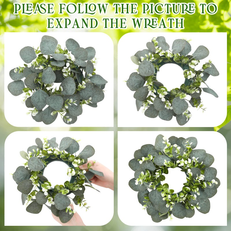 Panelee 20 Pcs Candle Rings Artificial Eucalyptus Candle Wreath Rings Greenery Leaves Boho Candles Garland Pillar for Wedding(Elegant Eucalyptus Leaf) - Image 3