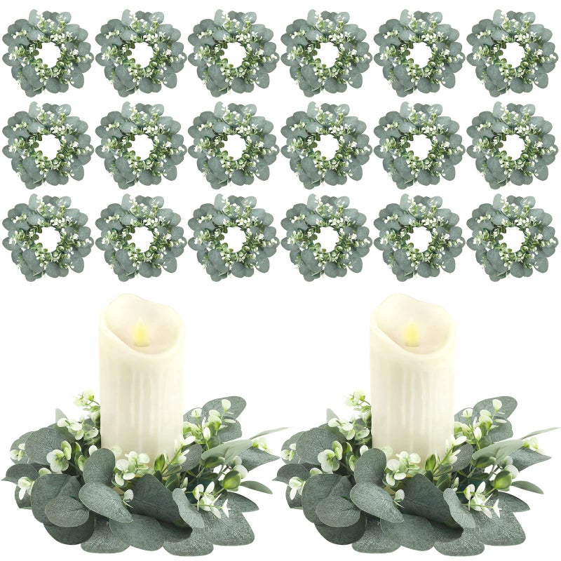 Panelee 20 Pcs Candle Rings Artificial Eucalyptus Candle Wreath Rings Greenery Leaves Boho Candles Garland Pillar for Wedding(Elegant Eucalyptus Leaf) - Image 1
