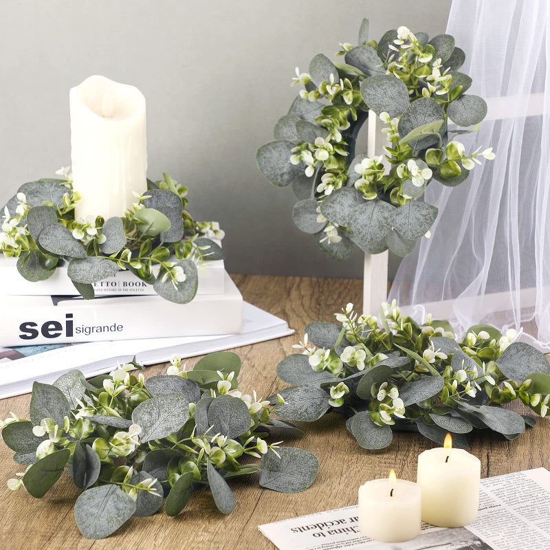 Panelee 20 Pcs Candle Rings Artificial Eucalyptus Candle Wreath Rings Greenery Leaves Boho Candles Garland Pillar for Wedding(Elegant Eucalyptus Leaf) - Image 4