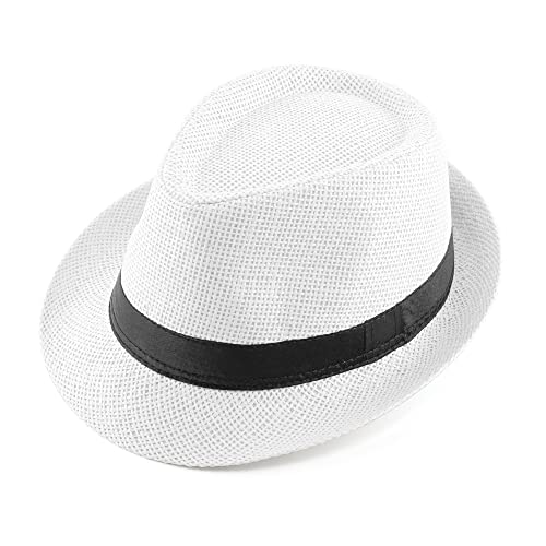 FALETO Unisex Summer Panama Straw Fedora Hat Short Brim Beach Sun Cap Classic (#01 White) - Image 1