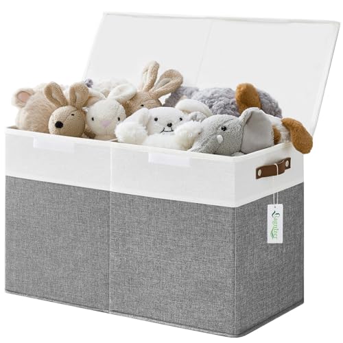 Bagnizer Large Toy Storage Box with Lids Collapsible Sturdy Baby Storage Organizer Chest Bin Basket for Kids Boys Girls Playroom Nursery Bedroom Closet 25x13x16 Gray and White