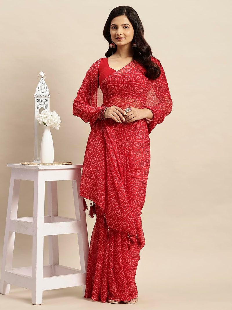 RATAN Women's Chiffon Bandhani Printed Saree without Blouse Piece(GZL-55031_Red) - Image 3