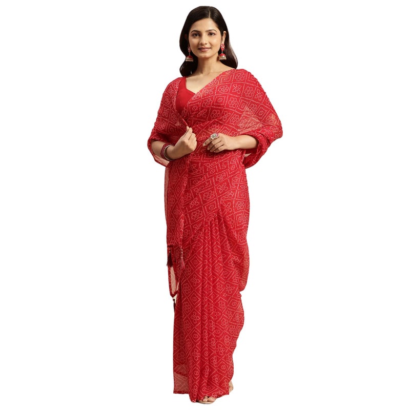 RATAN Women's Chiffon Bandhani Printed Saree without Blouse Piece(GZL-55031_Red) - Image 5