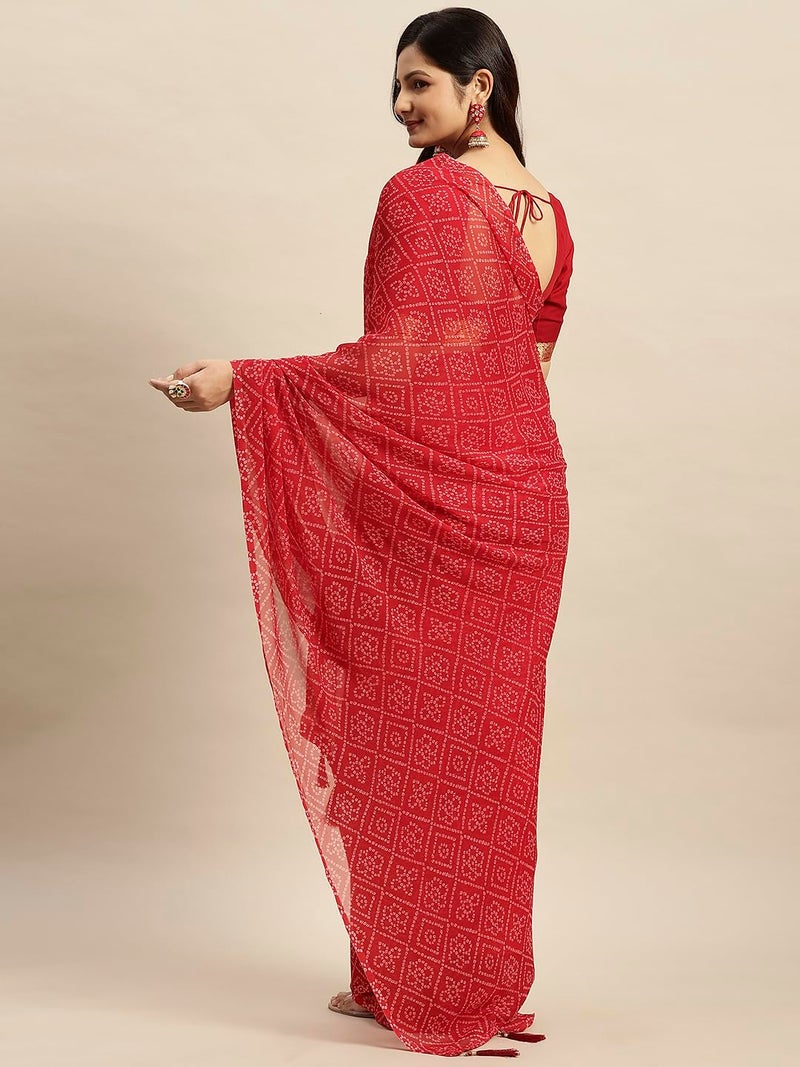 RATAN Women's Chiffon Bandhani Printed Saree without Blouse Piece(GZL-55031_Red) - Image 2