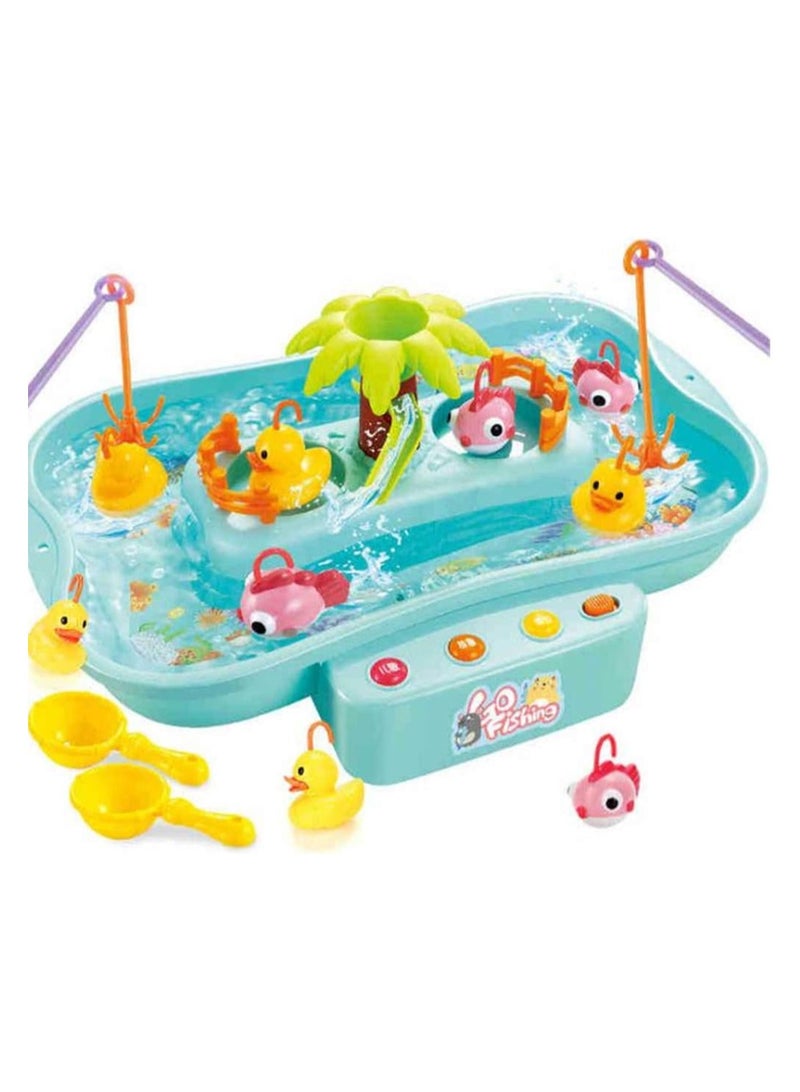 بلومنغ تايم مجموعة ألعاب مائية، مجموعة ألعاب صيد السمك، طاولة مائية موسيقية مع أسماك وبط عائمة مع بركة مياه دوارة وقضيب صيد للأطفال الصغار، B (متعدد الألوان) - Image 1