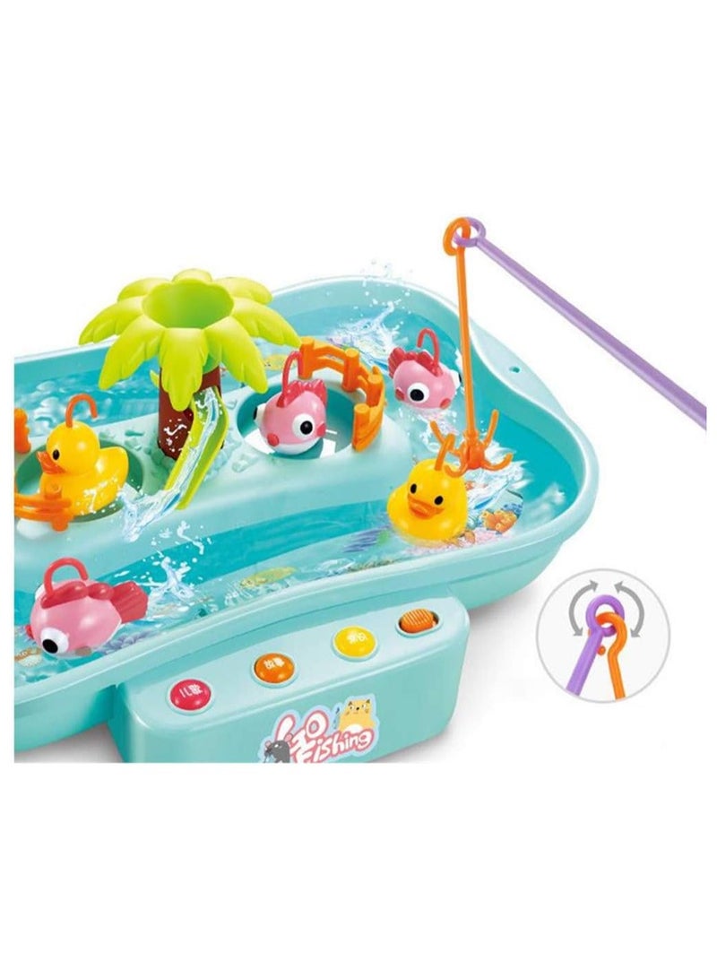 بلومنغ تايم مجموعة ألعاب مائية، مجموعة ألعاب صيد السمك، طاولة مائية موسيقية مع أسماك وبط عائمة مع بركة مياه دوارة وقضيب صيد للأطفال الصغار، B (متعدد الألوان) - Image 4