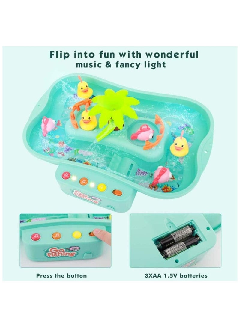 بلومنغ تايم مجموعة ألعاب مائية، مجموعة ألعاب صيد السمك، طاولة مائية موسيقية مع أسماك وبط عائمة مع بركة مياه دوارة وقضيب صيد للأطفال الصغار، B (متعدد الألوان) - Image 2
