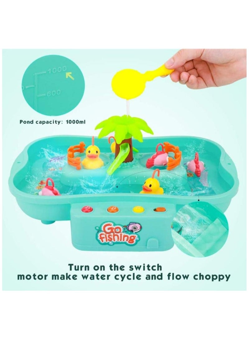 بلومنغ تايم مجموعة ألعاب مائية، مجموعة ألعاب صيد السمك، طاولة مائية موسيقية مع أسماك وبط عائمة مع بركة مياه دوارة وقضيب صيد للأطفال الصغار، B (متعدد الألوان) - Image 3