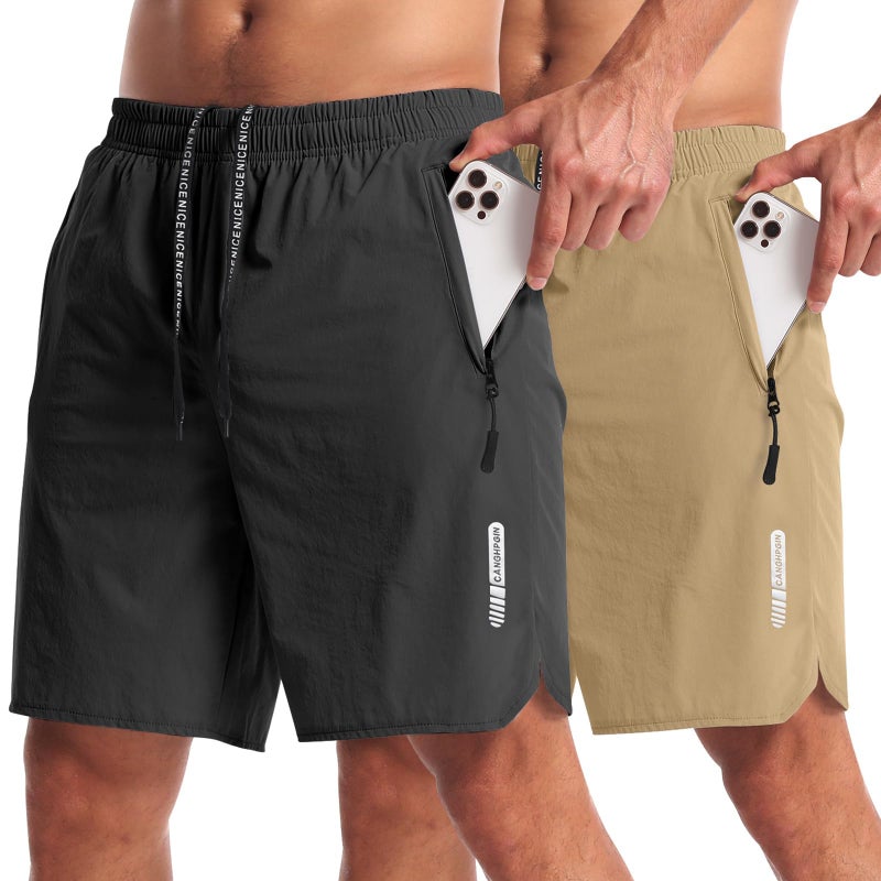 CANGHPGIN 2 Pack Mens Workout Athletic Shorts 7 inch Inseam Quick Dry Hiking Shorts Men Lightweight Sports Gym Shorts Running KhakiBlack