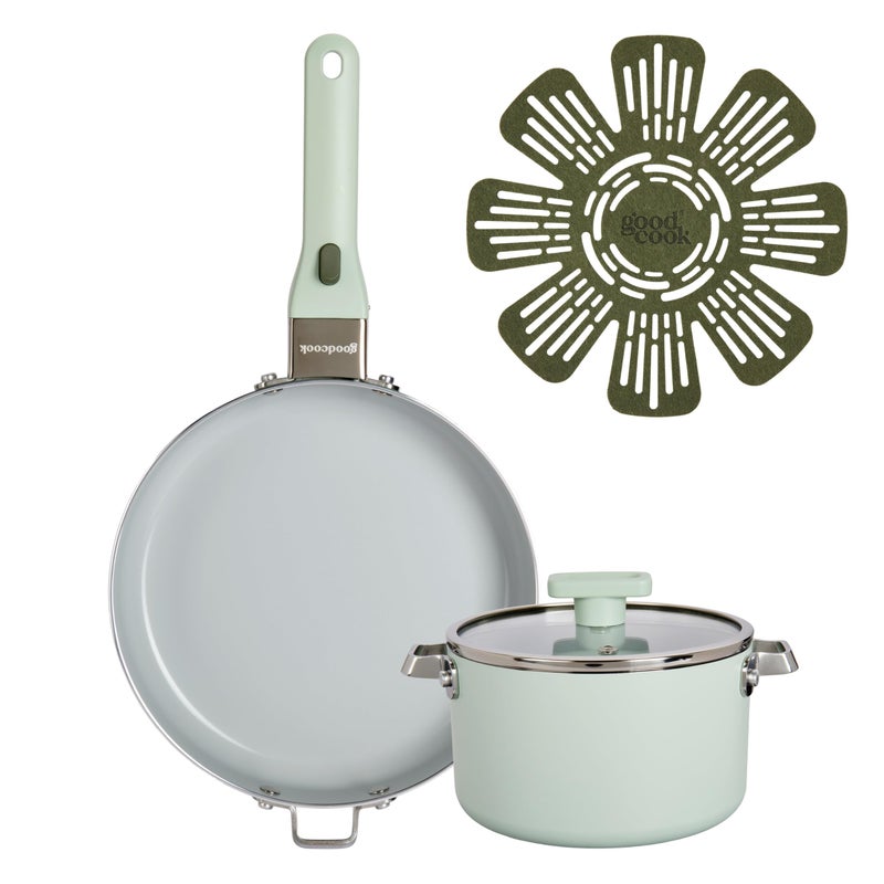 GoodCook Ceramic Cookware Set 5Piece with Removable Handle Induction Compatible Nonstick and Oven Safe with 95Inch Frypan Sage Green - Image 2