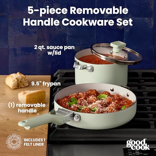 GoodCook Ceramic Cookware Set 5Piece with Removable Handle Induction Compatible Nonstick and Oven Safe with 95Inch Frypan Sage Green - Image 3