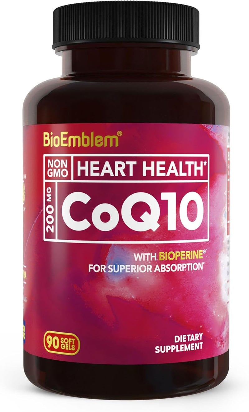 BioEmblem CoQ10 with BioPerine  200mg Softgels Superior Absorption  Coenzyme Q10 Antioxidant for Energy Production Heart Health  Natural Form NonGMO CoQ10 Supplement  90 Count - Image 1