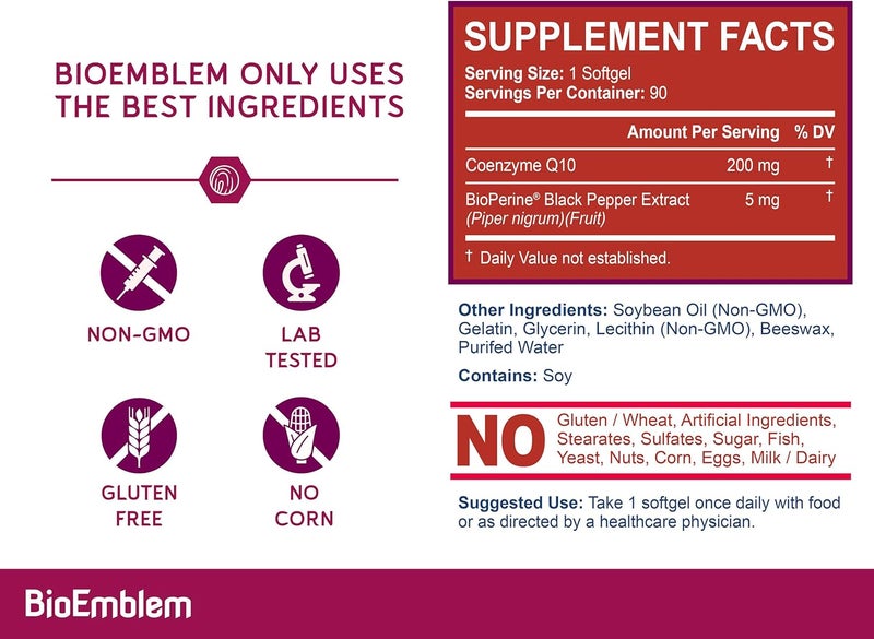 BioEmblem CoQ10 with BioPerine  200mg Softgels Superior Absorption  Coenzyme Q10 Antioxidant for Energy Production Heart Health  Natural Form NonGMO CoQ10 Supplement  90 Count - Image 4