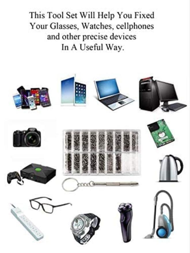 Eyeglasses Sunglasses Watch Phone Tablet Repair Kit Micro Screw Set 1000pc Assorted Fasteners & Precision Tools for Easy Comfortable Fixes - Image 4