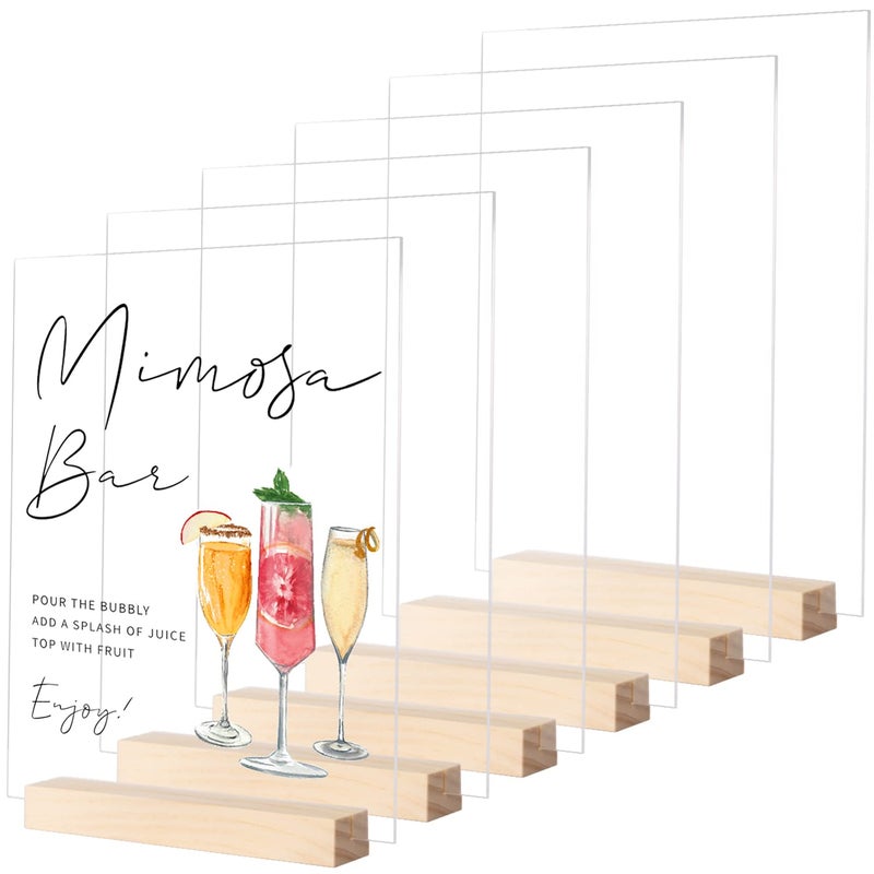 JINMURY 8x10 Inch Clear Acrylic Sign with Holder 6 Pack Blank Clear Acrylic Sheets and Wood Stands DIY Blank Acrylic Table Sign for Wedding Party Reception 6 Pack 8x10 Inch