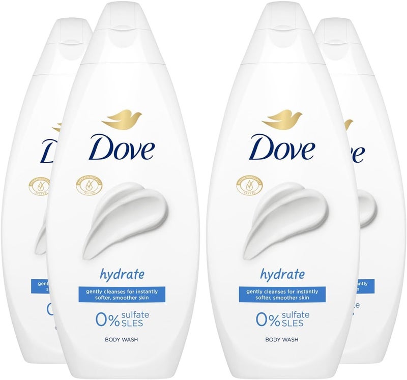 Dove Body Wash 0 Sulfate SLES for Women Made with Naturally Derived Cleansers and Plant Based Moisturiseres Gently Cleanses for Softer and Smoother Skin 225ml 4 Pack Hydrate