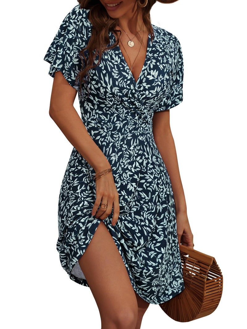 FENSACE Casual Summer Dresses for Women Navy Blue Aline Elegant Ruffle Short Sleeve Modest Work Dress(Floral-15,Small) - Image 1