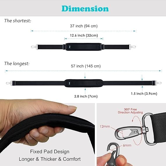 ZINZ Shoulder Strap, 57" Padded Adjustable Shoulder Bag Straps Replacement for Bags with D-Ring (Black, 001) - Image 2