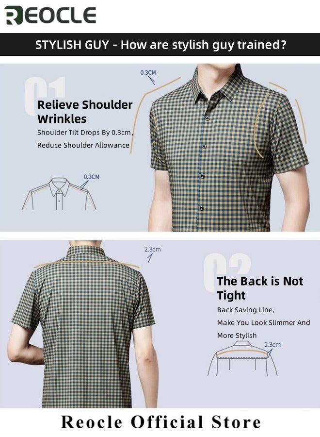 REOCLE Men's Shirt Thin Plaid Shirt Short Sleeve Button Down Shirts for Gentlemen Cotton Regular Fit Casual Gingham Non-iron Shirts - Image 5