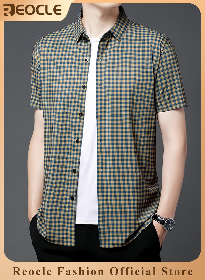 REOCLE Men's Shirt Thin Plaid Shirt Short Sleeve Button Down Shirts for Gentlemen Cotton Regular Fit Casual Gingham Non-iron Shirts - Image 1