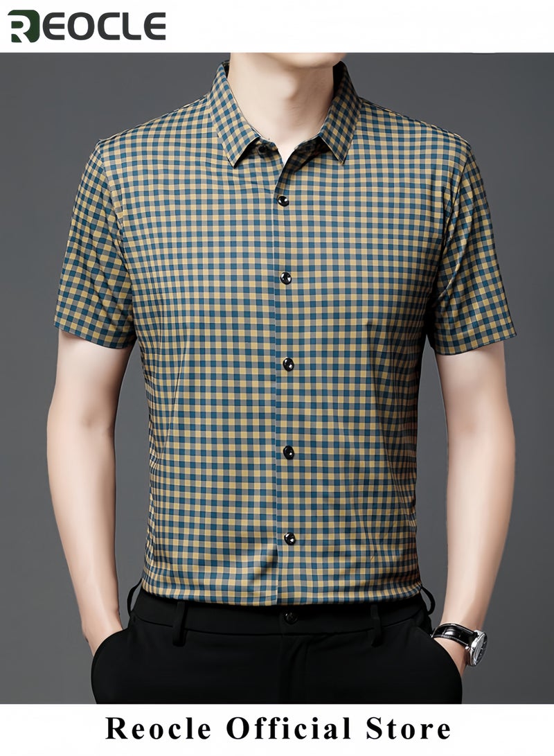 REOCLE Men's Shirt Thin Plaid Shirt Short Sleeve Button Down Shirts for Gentlemen Cotton Regular Fit Casual Gingham Non-iron Shirts - Image 2